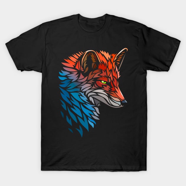 Tribal Fox Red Blue T-Shirt by albertocubatas